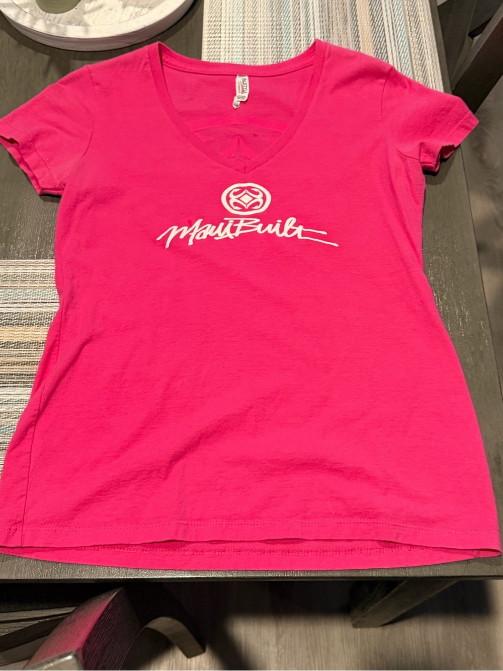 Maui Built Women's V-Neck Tee in Hot Pink with White Logo. Bought on the island